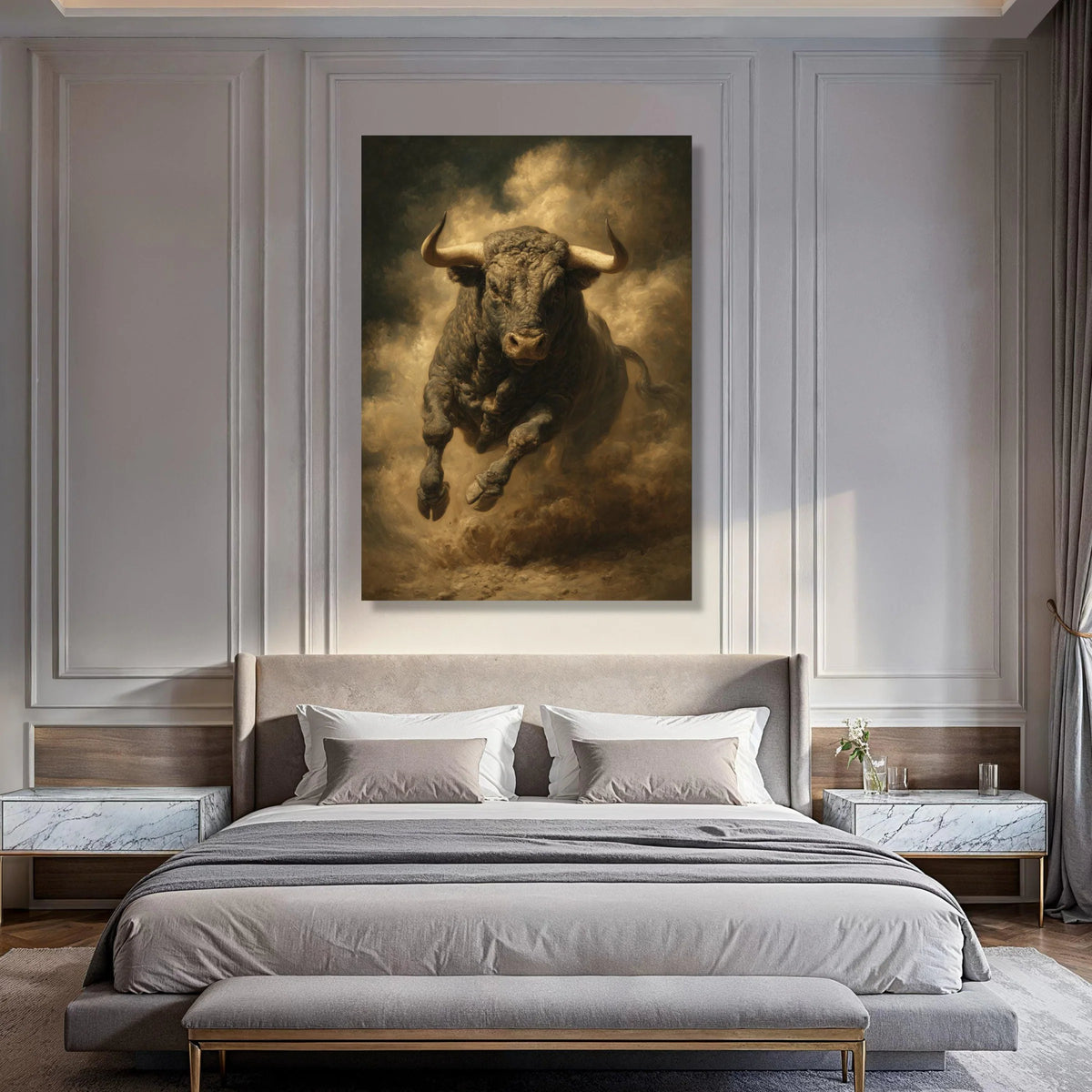 Powerful Charging Bull Canvas, Dynamic Animal Wall Art, Rustic Farmhouse Decor, Bold Wildlife Canvas, Ready to Hang Decoration Print Art