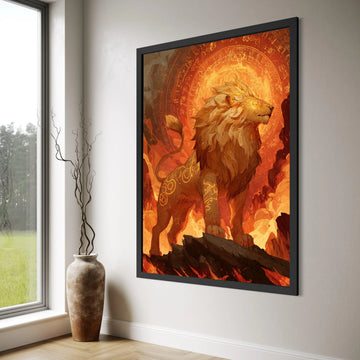 Majestic Lion with Glowing Runes Canvas, Fiery Fantasy Wall Art, Mythical Creature Illustration, Bold Animal Canvas, Home Decor Print Art