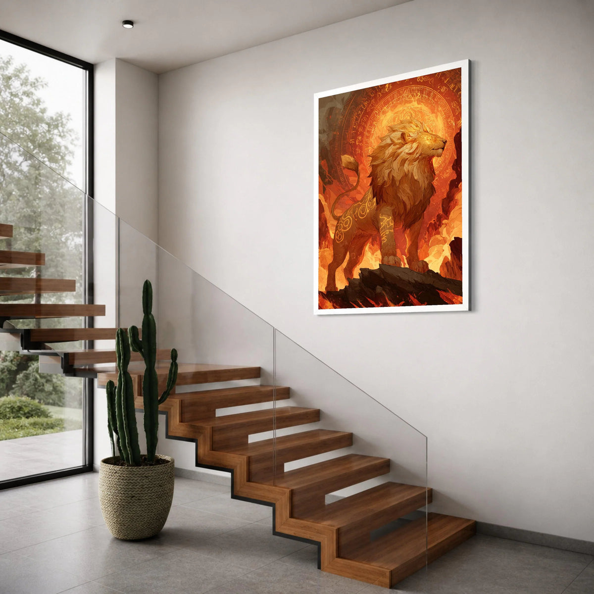 Majestic Lion with Glowing Runes Canvas, Fiery Fantasy Wall Art, Mythical Creature Illustration, Bold Animal Canvas, Home Decor Print Art