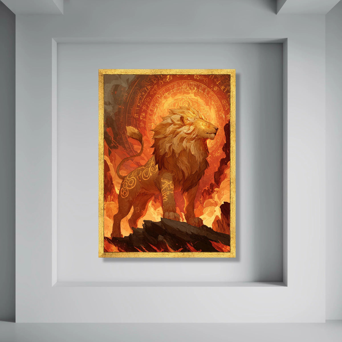 Majestic Lion with Glowing Runes Canvas, Fiery Fantasy Wall Art, Mythical Creature Illustration, Bold Animal Canvas, Home Decor Print Art