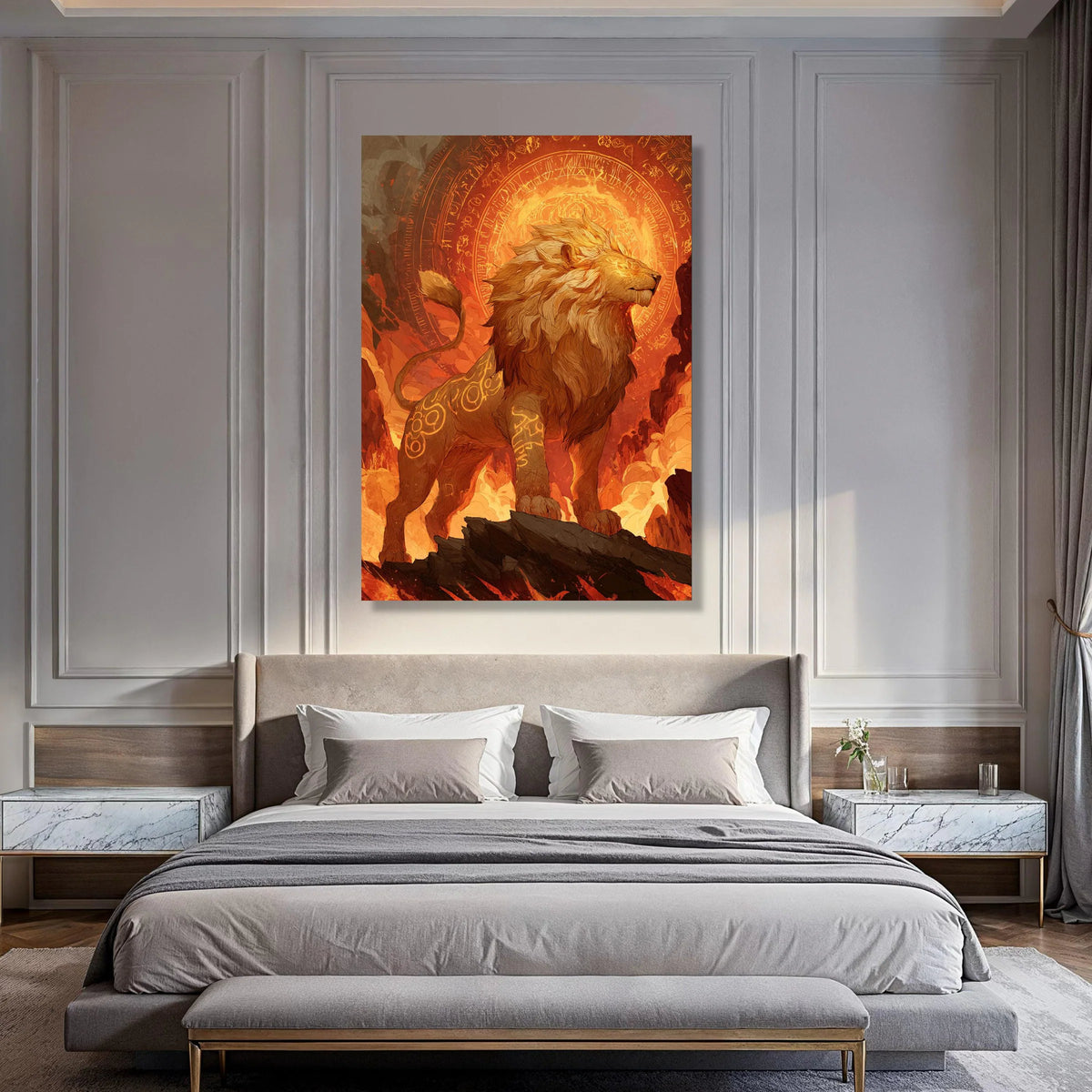 Majestic Lion with Glowing Runes Canvas, Fiery Fantasy Wall Art, Mythical Creature Illustration, Bold Animal Canvas, Home Decor Print Art