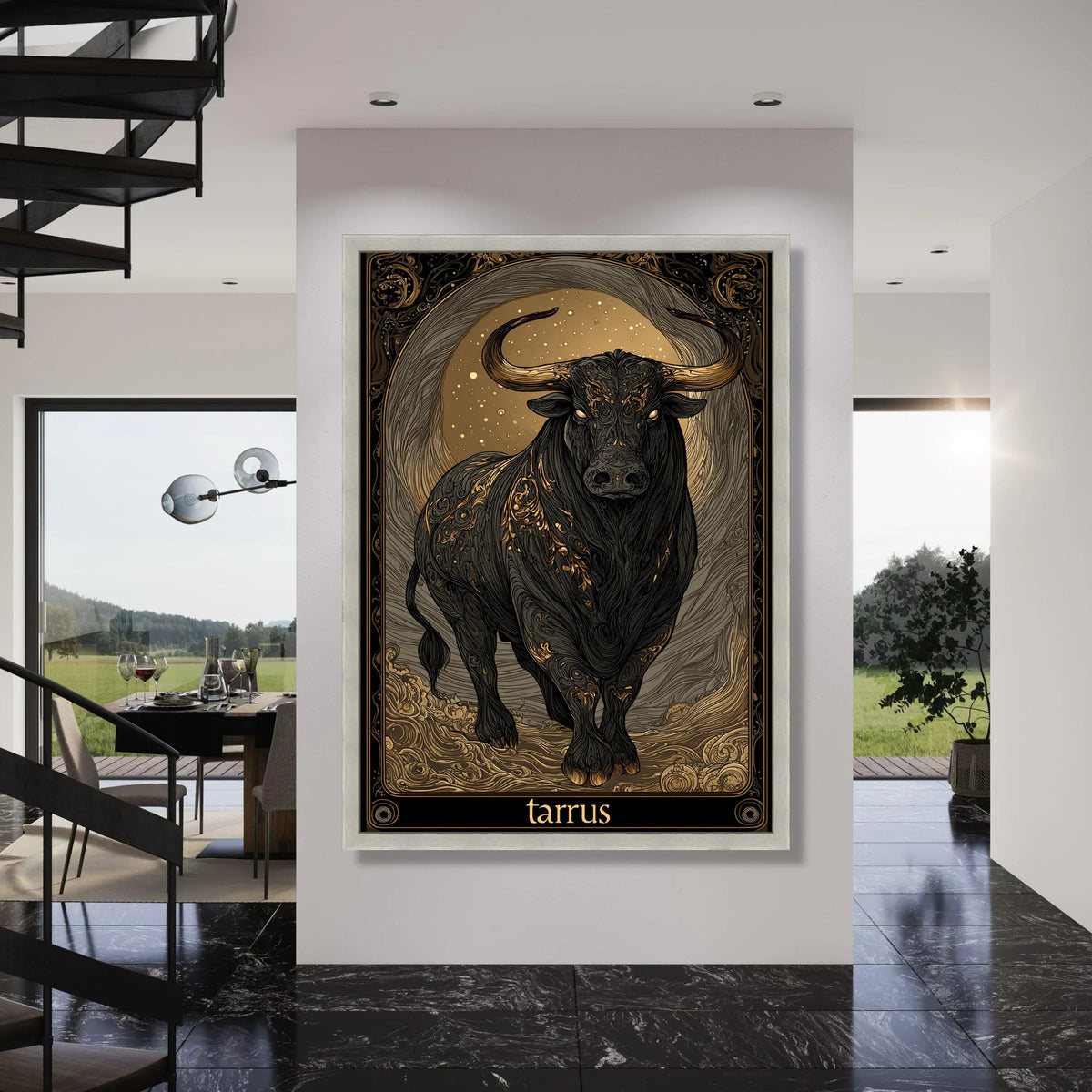 Majestic Black Bull Canvas Wall Art, Zodiac Taurus Sign Illustration, Gold Accents Animal Print, Mystical Astrology Canvas Decor Print Art