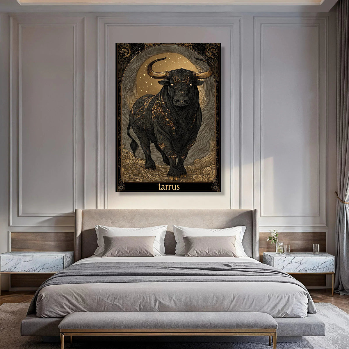 Majestic Black Bull Canvas Wall Art, Zodiac Taurus Sign Illustration, Gold Accents Animal Print, Mystical Astrology Canvas Decor Print Art
