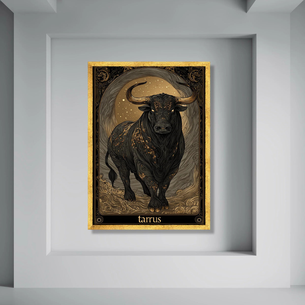 Majestic Black Bull Canvas Wall Art, Zodiac Taurus Sign Illustration, Gold Accents Animal Print, Mystical Astrology Canvas Decor Print Art