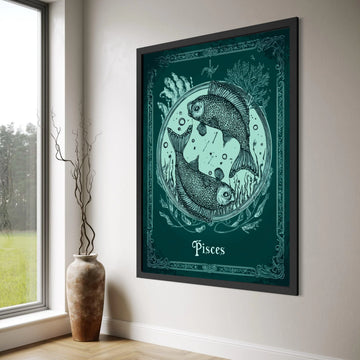 Pisces Zodiac Sign Canvas Wall Art, Two Fish Illustration, Astrological Star Sign Decor, Celestial Home Decoration, Mystical Wall Print Art