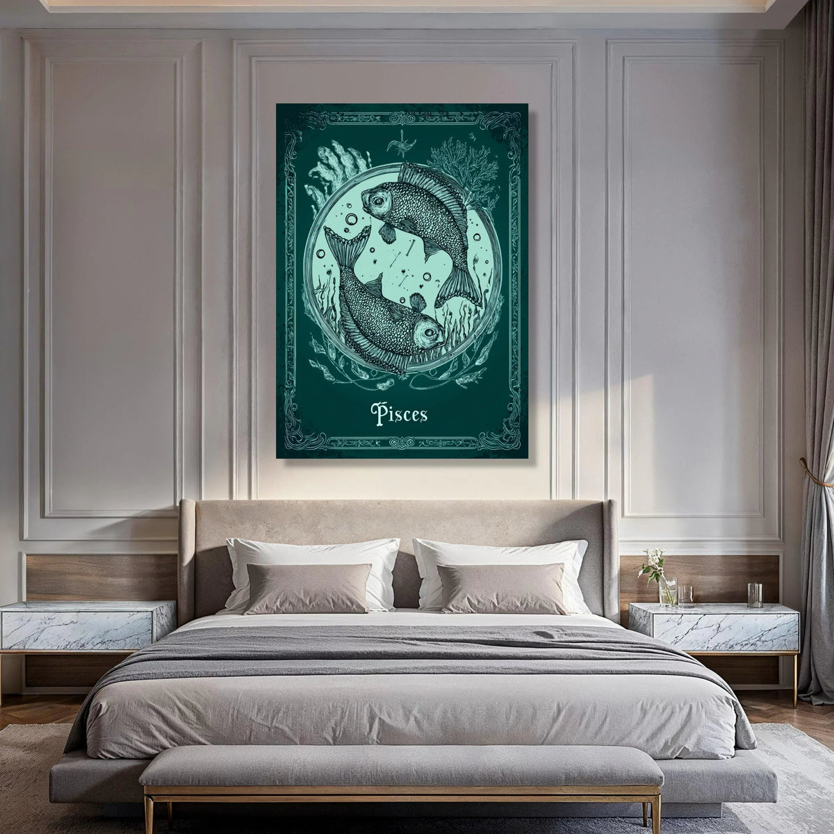 Pisces Zodiac Sign Canvas Wall Art, Two Fish Illustration, Astrological Star Sign Decor, Celestial Home Decoration, Mystical Wall Print Art