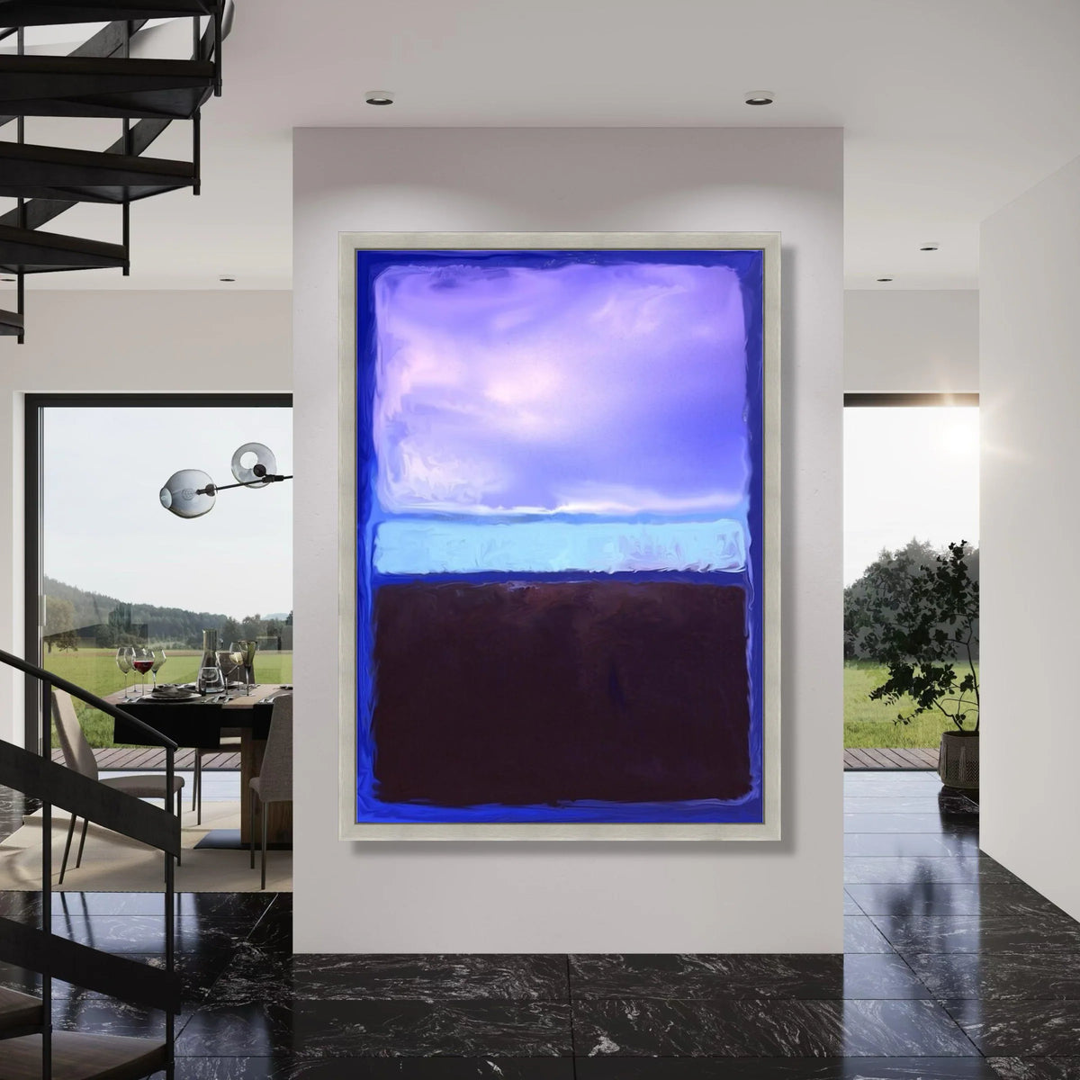 Modern Abstract Canvas Wall Art, Blue and Purple Color Block, Minimalist Home Decoration, Contemporary Canvas Painting, Large Wall Print Art
