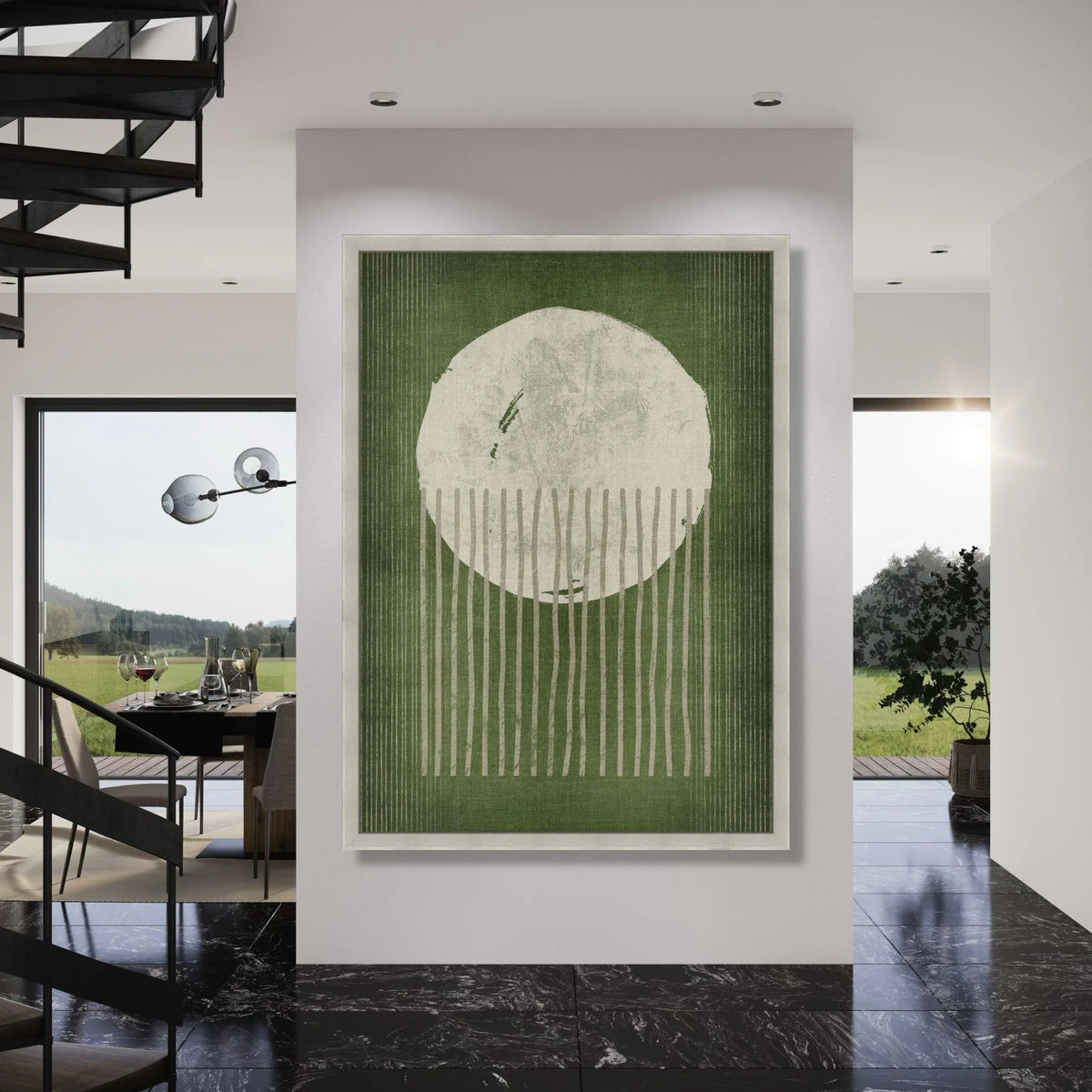 Abstract Geometric Canvas Wall Art, Modern Minimalist Circle and Lines, Green and White Decorative Canvas, Contemporary Home Decor Print Art
