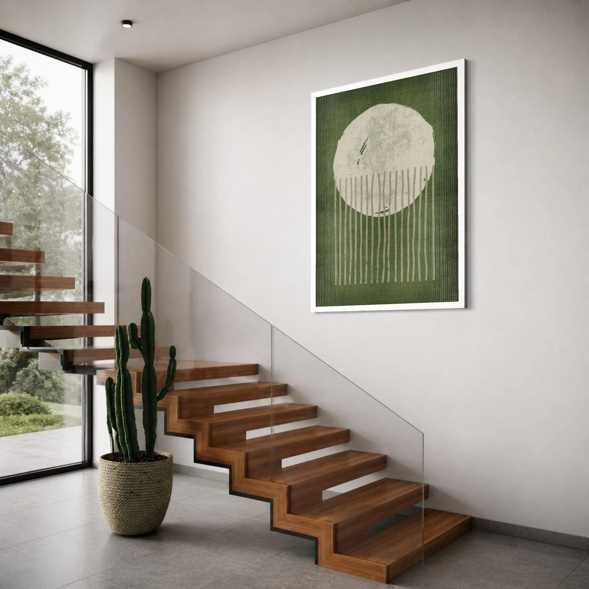 Abstract Geometric Canvas Wall Art, Modern Minimalist Circle and Lines, Green and White Decorative Canvas, Contemporary Home Decor Print Art