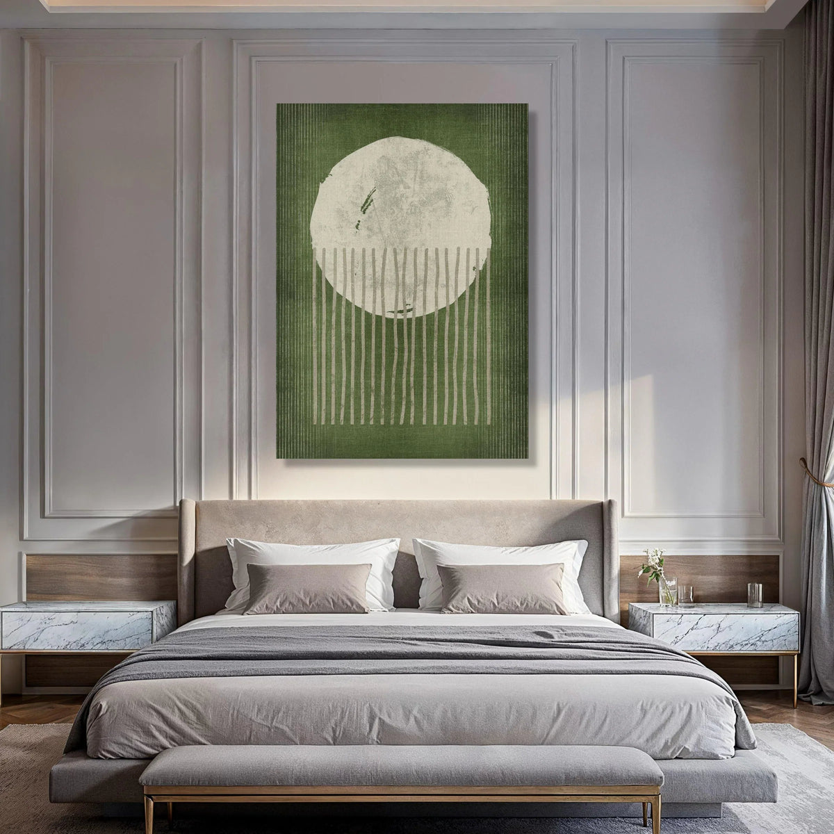 Abstract Geometric Canvas Wall Art, Modern Minimalist Circle and Lines, Green and White Decorative Canvas, Contemporary Home Decor Print Art