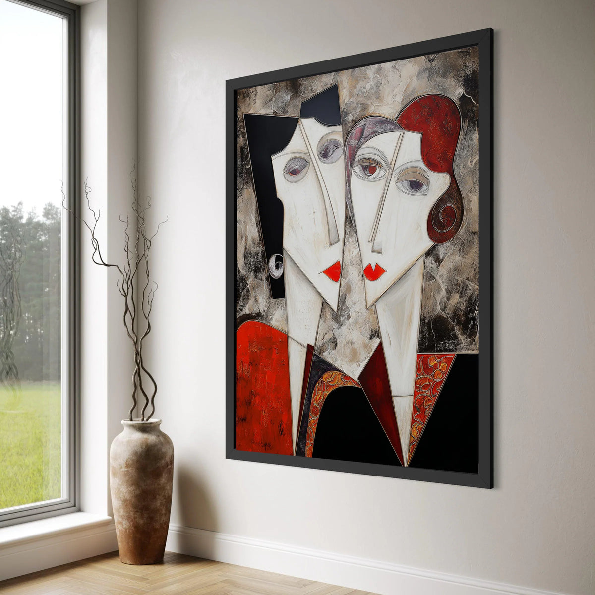 Abstract Couple Portrait Canvas, Modern Faces Wall Art, Geometric Love Theme, Red and Black Home Decoration, Contemporary Canvas Print Art