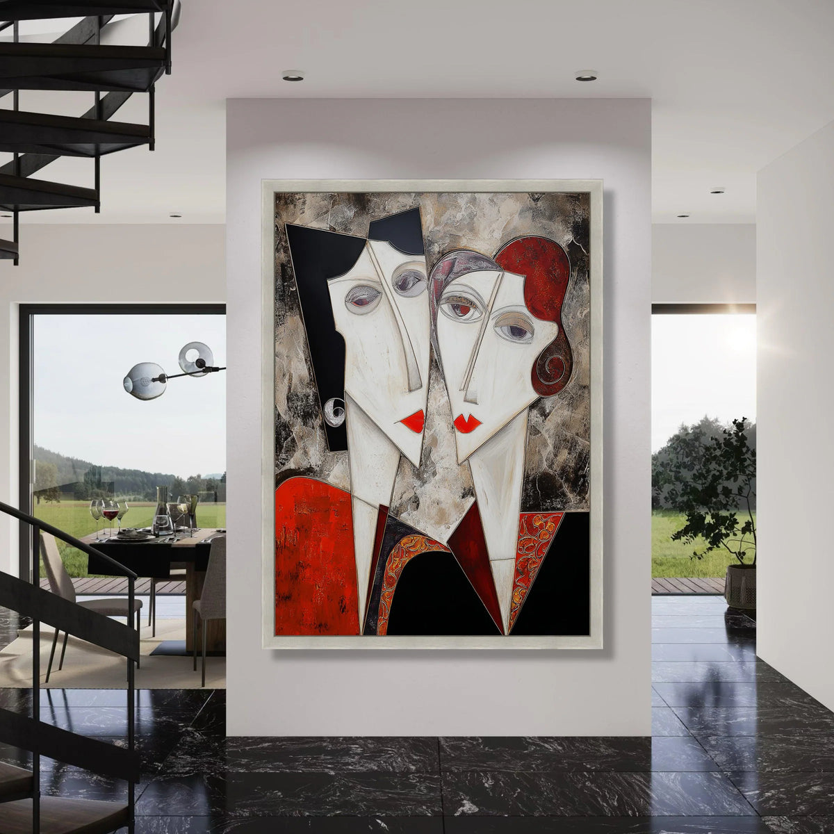 Abstract Couple Portrait Canvas, Modern Faces Wall Art, Geometric Love Theme, Red and Black Home Decoration, Contemporary Canvas Print Art