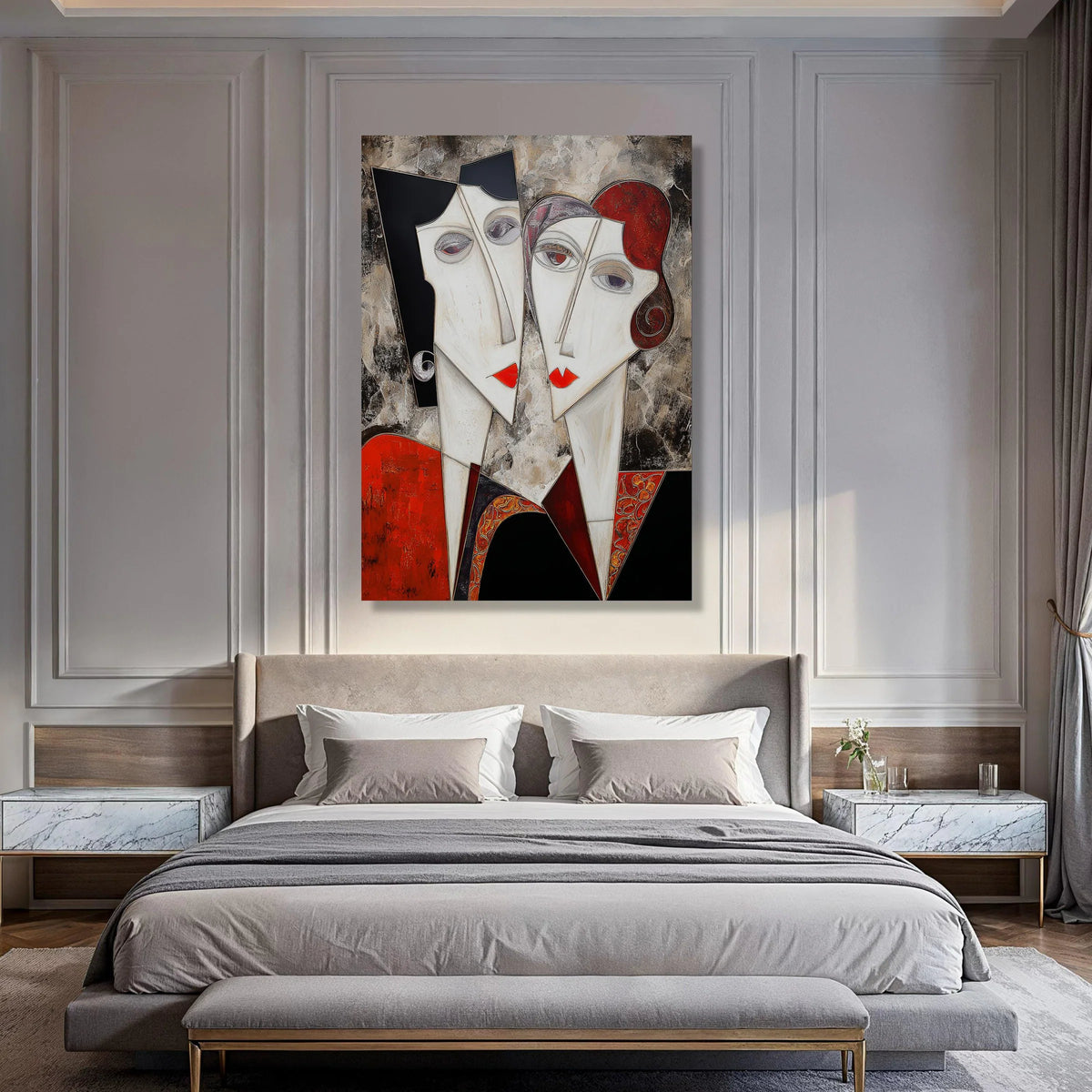 Abstract Couple Portrait Canvas, Modern Faces Wall Art, Geometric Love Theme, Red and Black Home Decoration, Contemporary Canvas Print Art