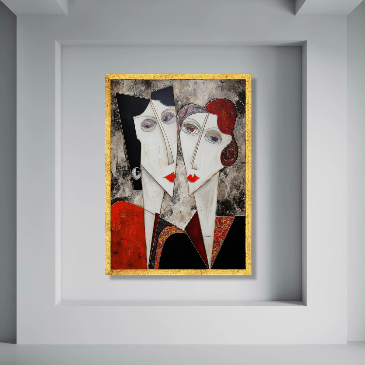 Abstract Couple Portrait Canvas, Modern Faces Wall Art, Geometric Love Theme, Red and Black Home Decoration, Contemporary Canvas Print Art