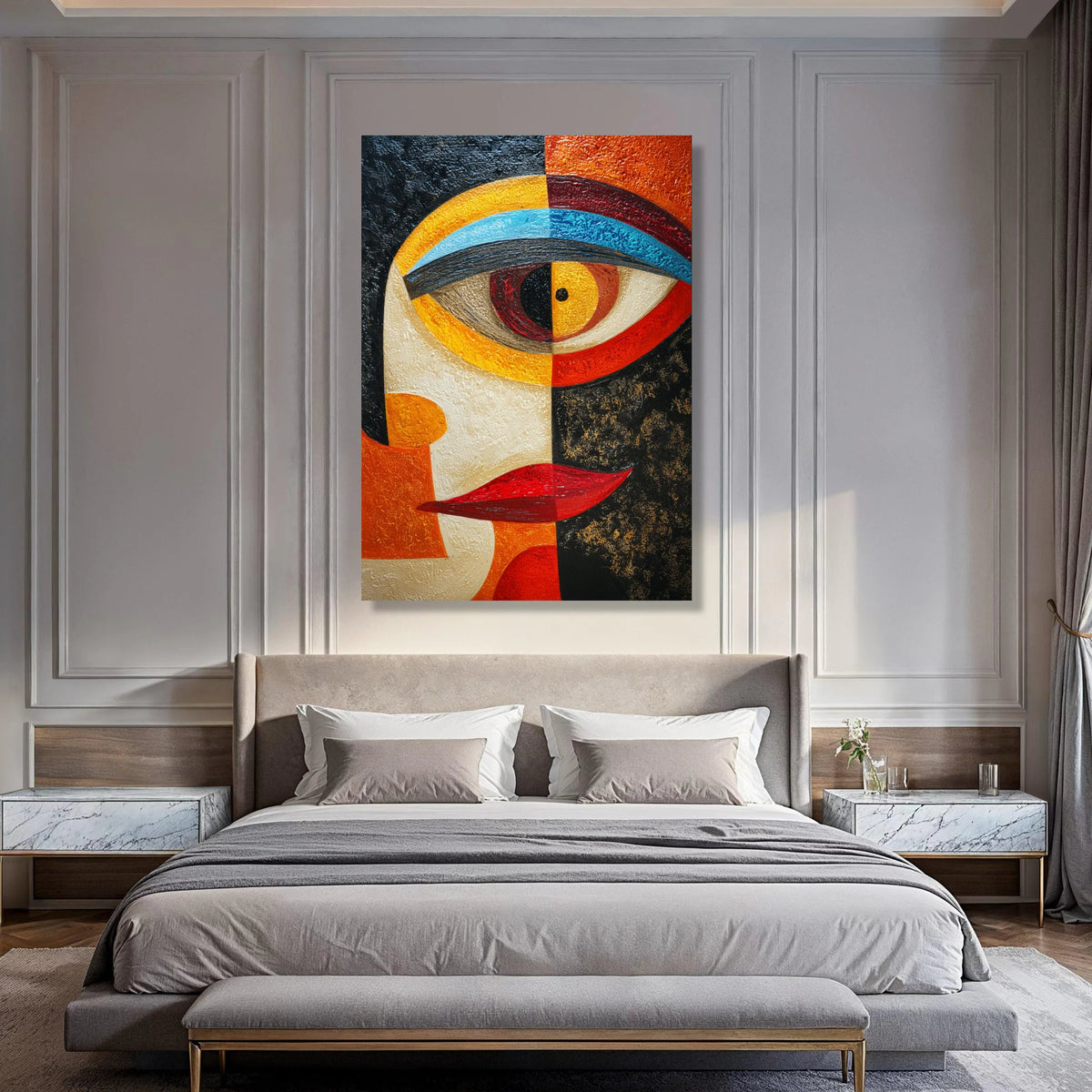 Abstract Face Canvas Wall Art, Modern Geometric Portrait, Colorful Eye and Lips Design, Contemporary Home Decoration Print Art