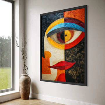 Abstract Face Canvas Wall Art, Modern Geometric Portrait, Colorful Eye and Lips Design, Contemporary Home Decoration Print Art