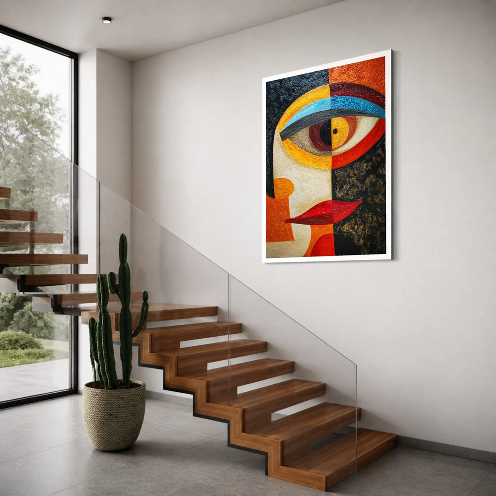 Abstract Face Canvas Wall Art, Modern Geometric Portrait, Colorful Eye and Lips Design, Contemporary Home Decoration Print Art