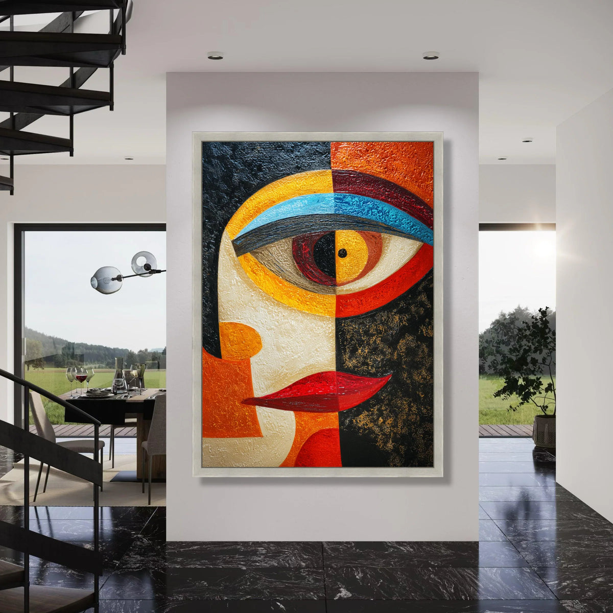 Abstract Face Canvas Wall Art, Modern Geometric Portrait, Colorful Eye and Lips Design, Contemporary Home Decoration Print Art