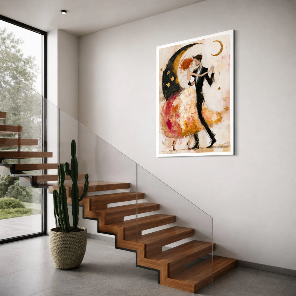 Romantic Dance Couple Canvas, Whimsical Moon and Stars Art, Elegant Ballroom Wall Decor, Contemporary Love Painting, Home Print Art