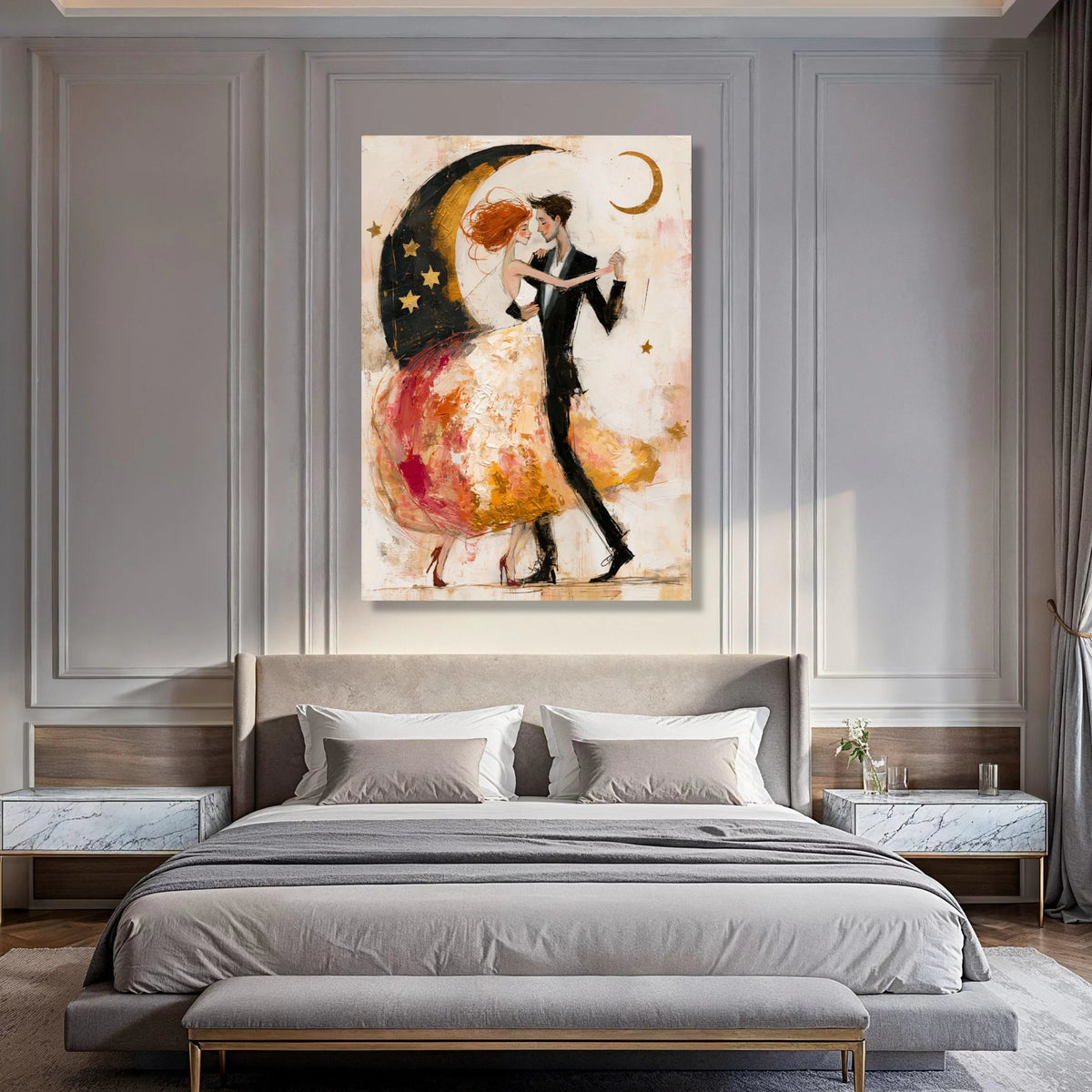 Romantic Dance Couple Canvas, Whimsical Moon and Stars Art, Elegant Ballroom Wall Decor, Contemporary Love Painting, Home Print Art