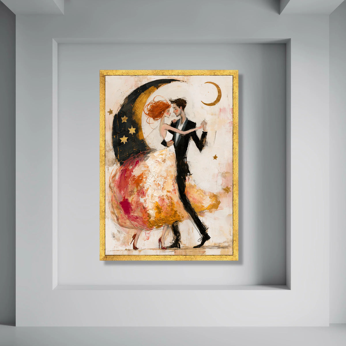 Romantic Dance Couple Canvas, Whimsical Moon and Stars Art, Elegant Ballroom Wall Decor, Contemporary Love Painting, Home Print Art