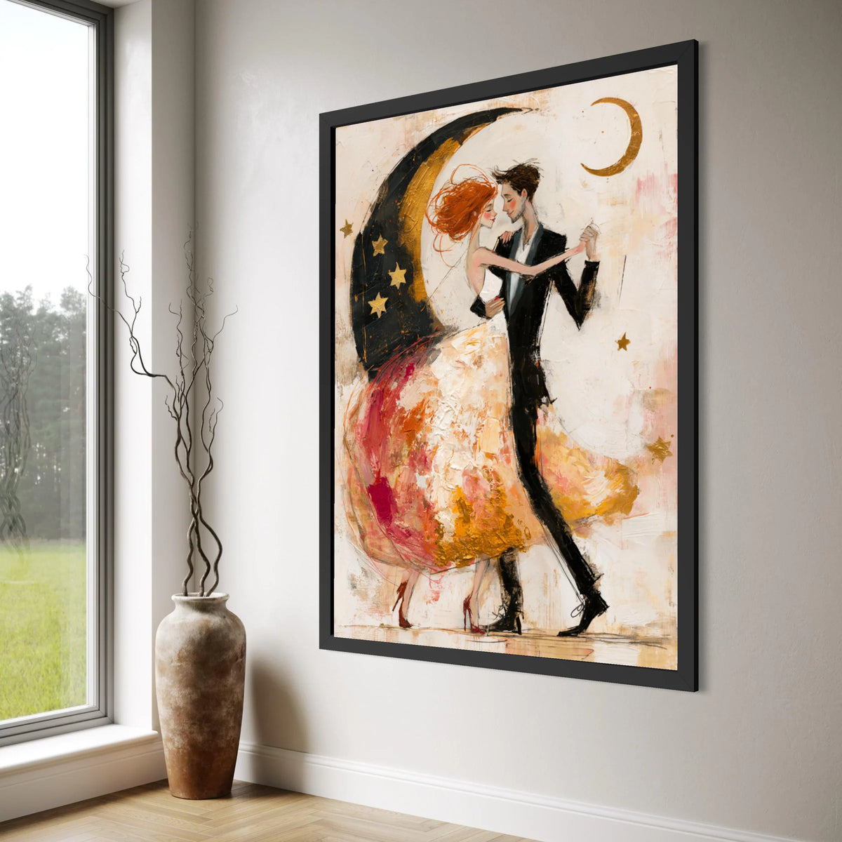 Romantic Dance Couple Canvas, Whimsical Moon and Stars Art, Elegant Ballroom Wall Decor, Contemporary Love Painting, Home Print Art