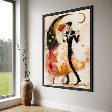 Romantic Dance Couple Canvas, Whimsical Moon and Stars Art, Elegant Ballroom Wall Decor, Contemporary Love Painting, Home Print Art