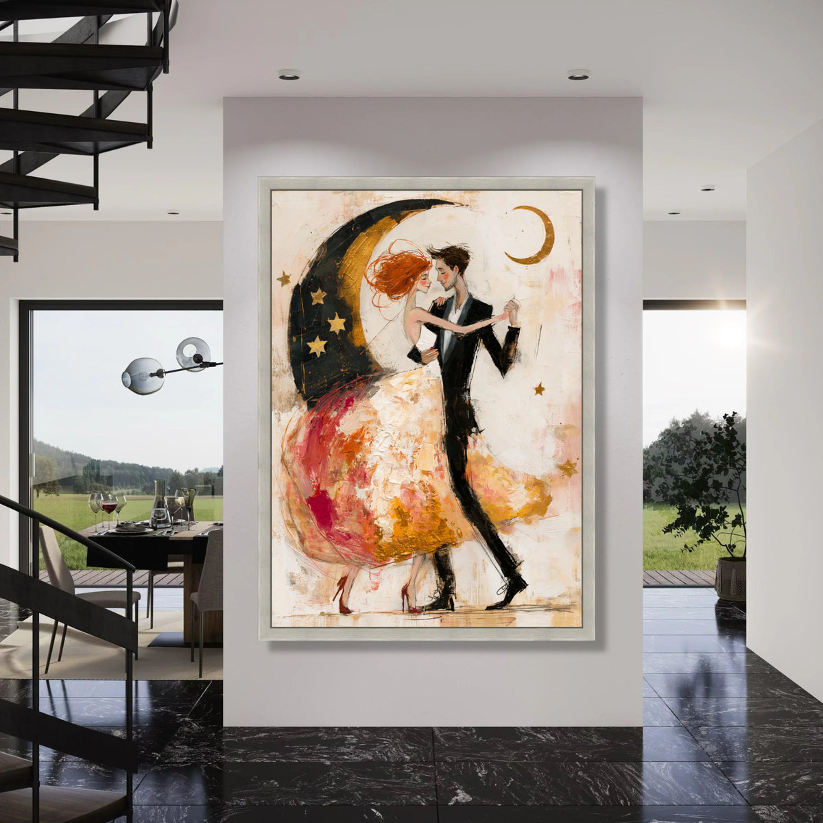 Romantic Dance Couple Canvas, Whimsical Moon and Stars Art, Elegant Ballroom Wall Decor, Contemporary Love Painting, Home Print Art