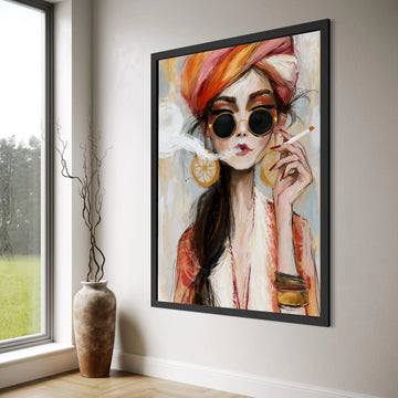 Chic Woman with Sunglasses and Turban, Boho Fashion Canvas, Modern Portrait Art, Stylish Female Wall Decor, Trendy Room Accent Print Art
