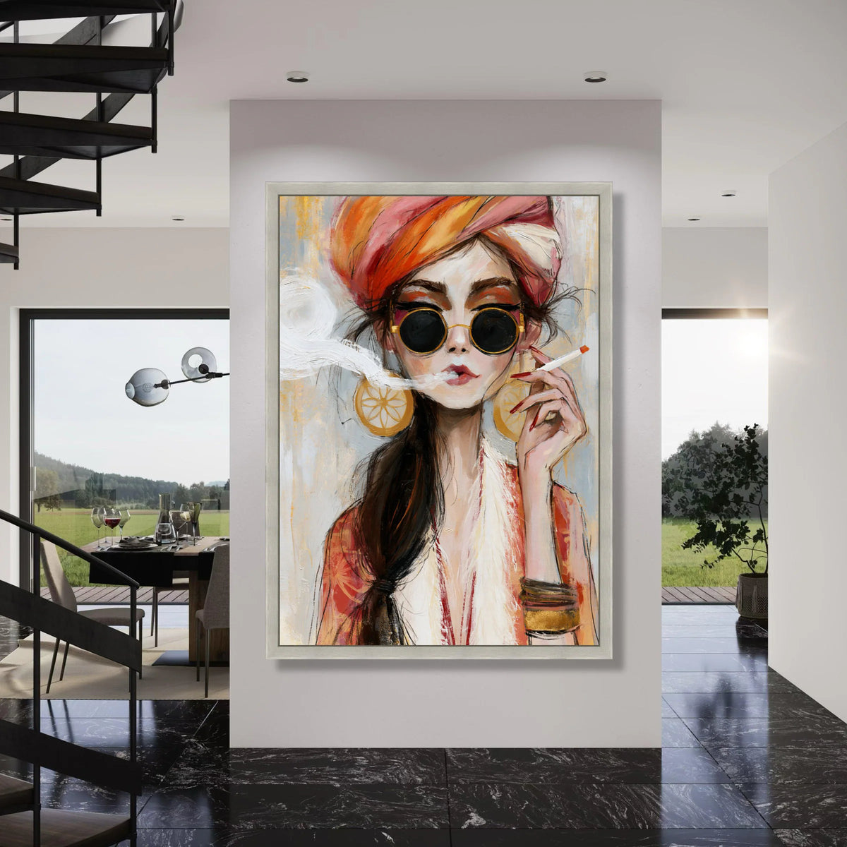Chic Woman with Sunglasses and Turban, Boho Fashion Canvas, Modern Portrait Art, Stylish Female Wall Decor, Trendy Room Accent Print Art