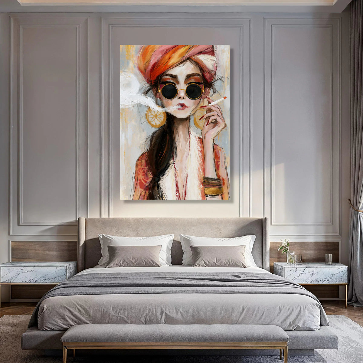 Chic Woman with Sunglasses and Turban, Boho Fashion Canvas, Modern Portrait Art, Stylish Female Wall Decor, Trendy Room Accent Print Art