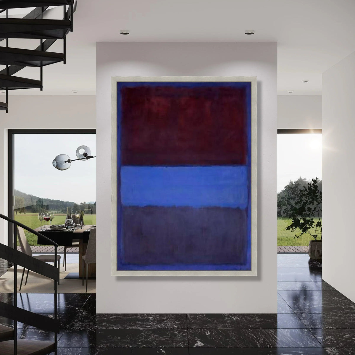 Abstract Color Block Canvas Wall Art, Contemporary Blue and Burgundy Painting, Modern Minimalist Canvas, Home Decor Accent Print Art
