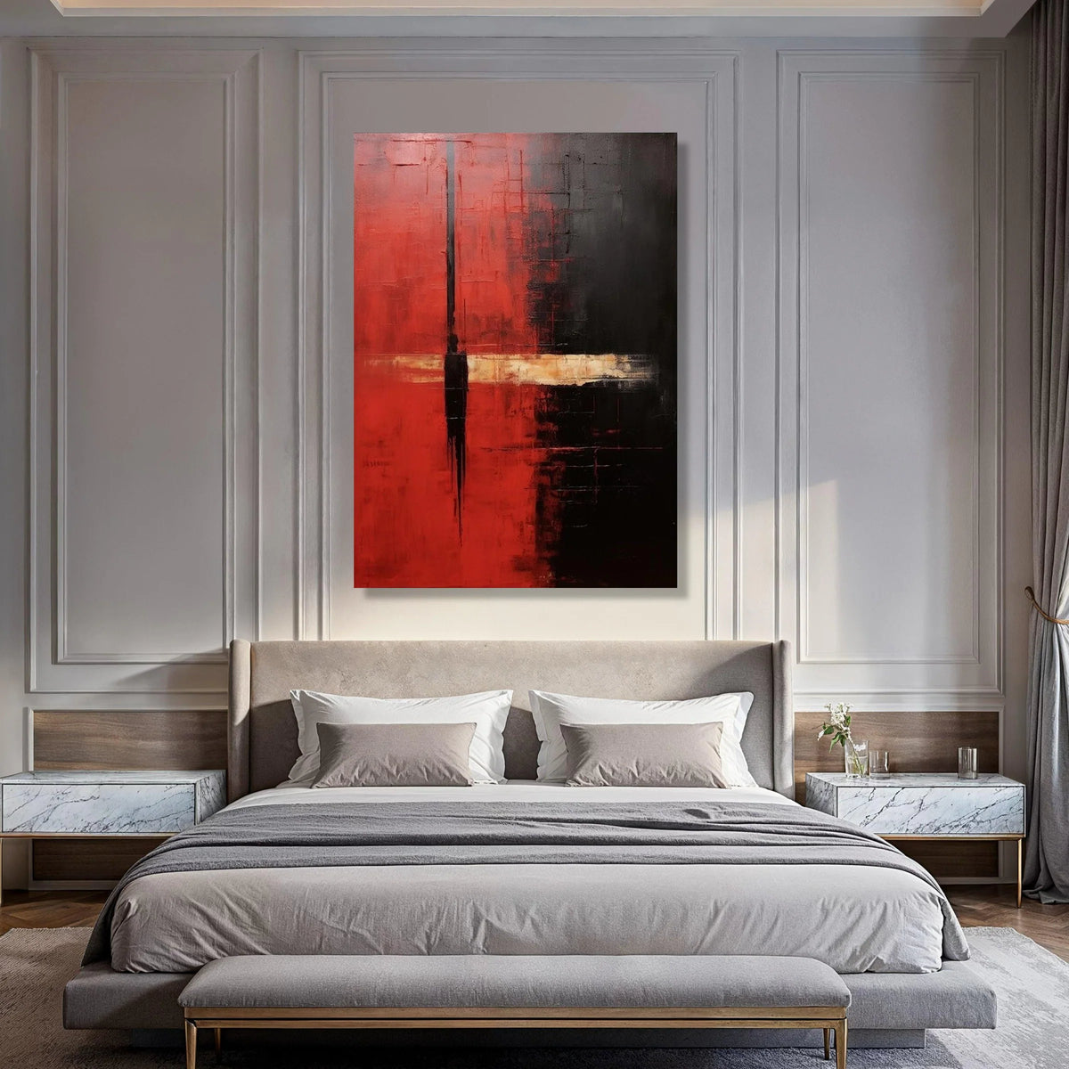 Bold Abstract Canvas Wall Art, Red and Black Minimalist Design, Modern Geometric Canvas, Contemporary Home Decoration, Large Print Art