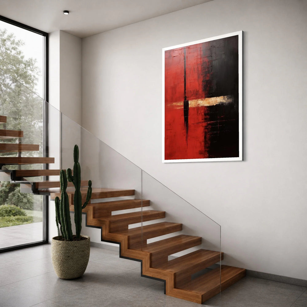 Bold Abstract Canvas Wall Art, Red and Black Minimalist Design, Modern Geometric Canvas, Contemporary Home Decoration, Large Print Art