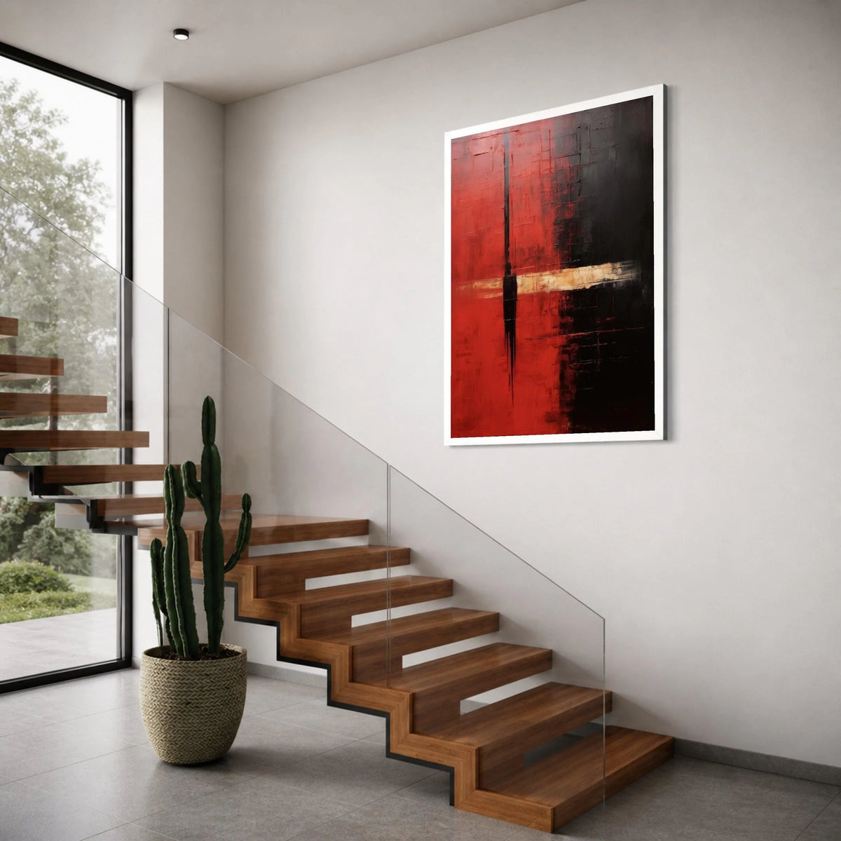 Bold Abstract Canvas Wall Art, Red and Black Minimalist Design, Modern Geometric Canvas, Contemporary Home Decoration, Large Print Art