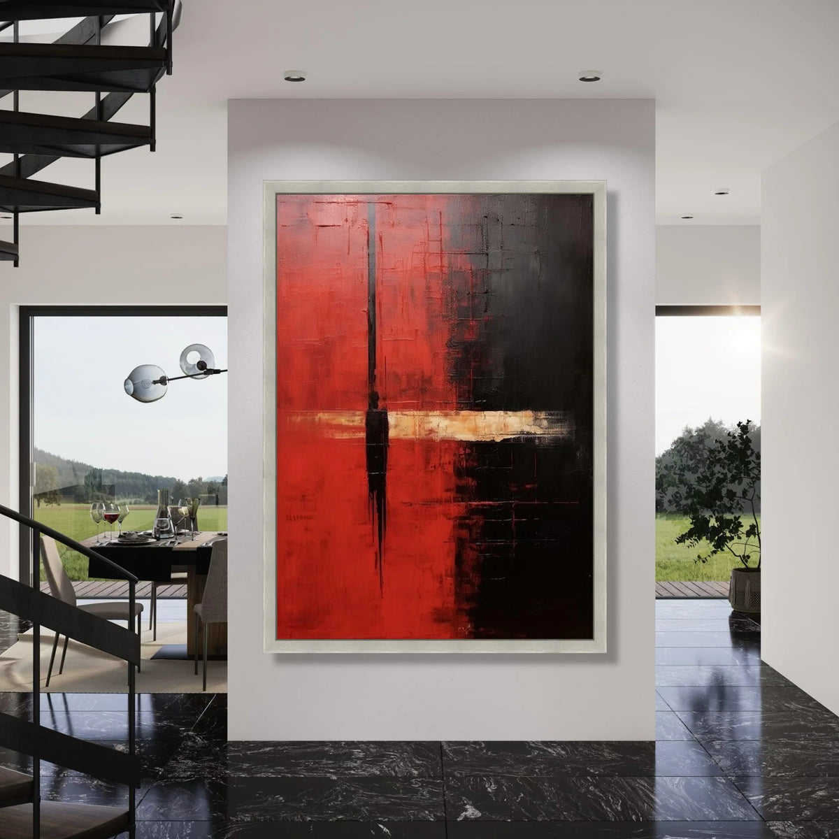 Bold Abstract Canvas Wall Art, Red and Black Minimalist Design, Modern Geometric Canvas, Contemporary Home Decoration, Large Print Art