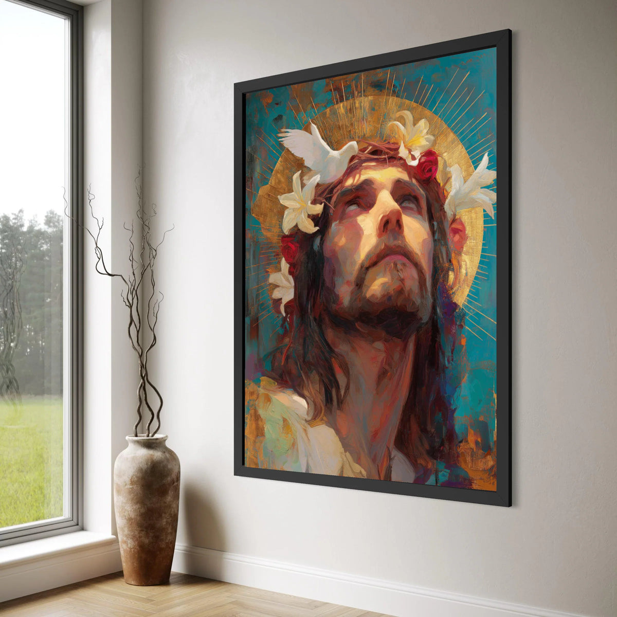 Reverent Man with Crown of Thorns Canvas, Spiritual Portrait Wall Art, Religious Home Decoration, Sacred Art Print, Inspirational Print Art