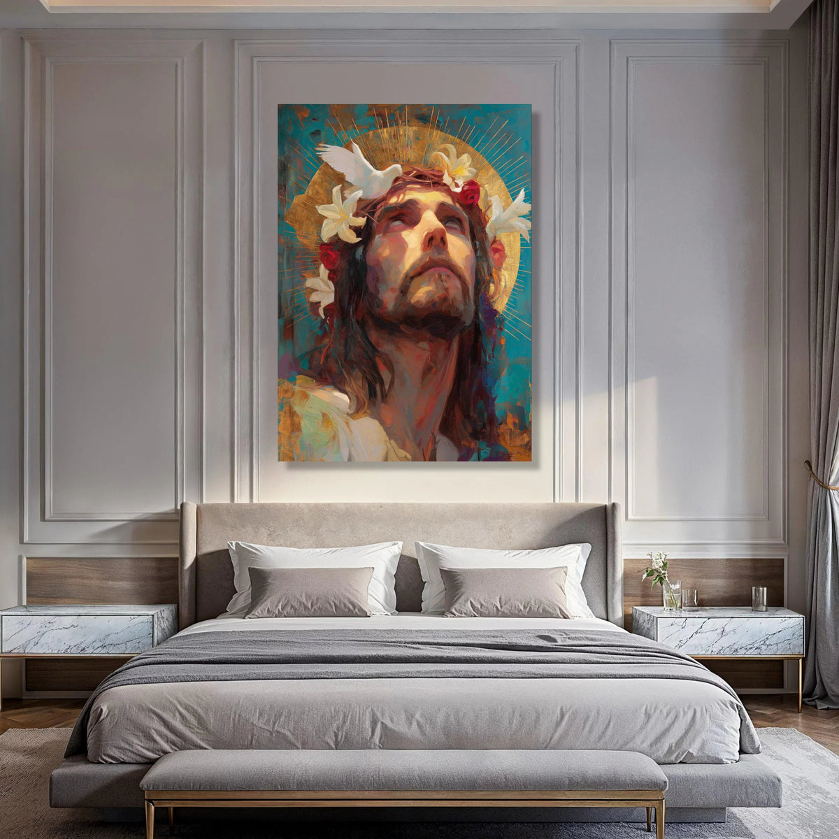 Reverent Man with Crown of Thorns Canvas, Spiritual Portrait Wall Art, Religious Home Decoration, Sacred Art Print, Inspirational Print Art