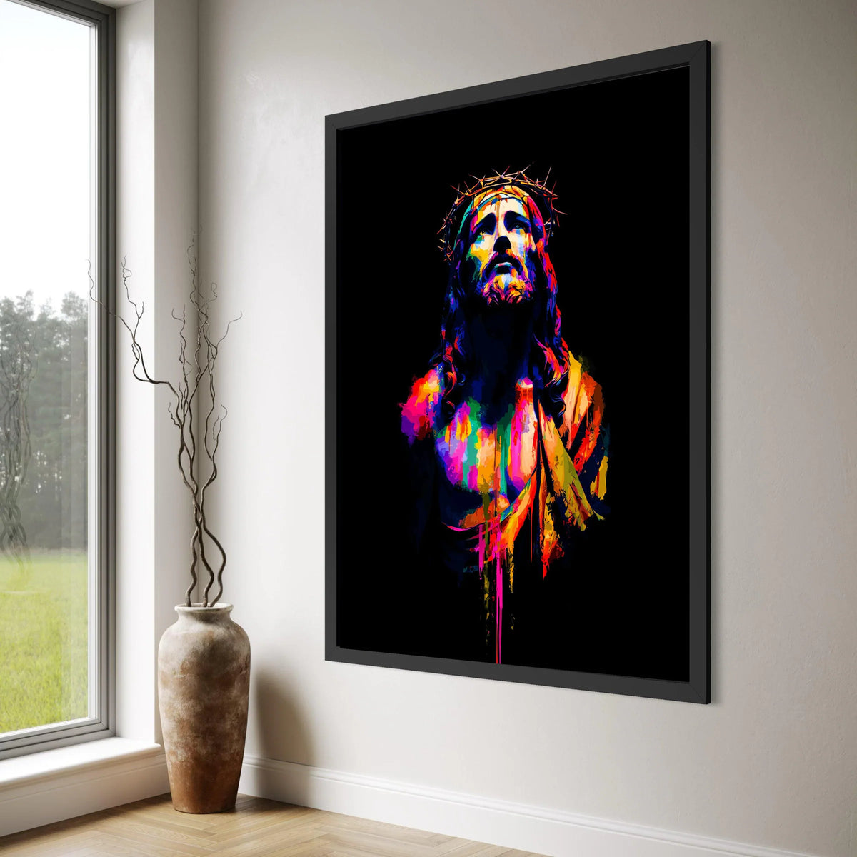 Vibrant Jesus Christ Portrait Canvas, Colorful Religious Wall Art, Crown of Thorns Canvas, Spiritual Home Decoration, Modern Faith Print Art