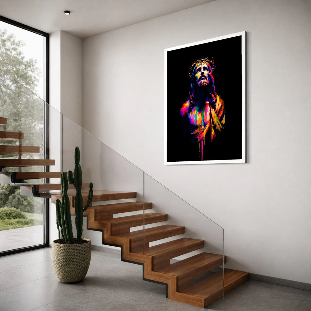 Vibrant Jesus Christ Portrait Canvas, Colorful Religious Wall Art, Crown of Thorns Canvas, Spiritual Home Decoration, Modern Faith Print Art