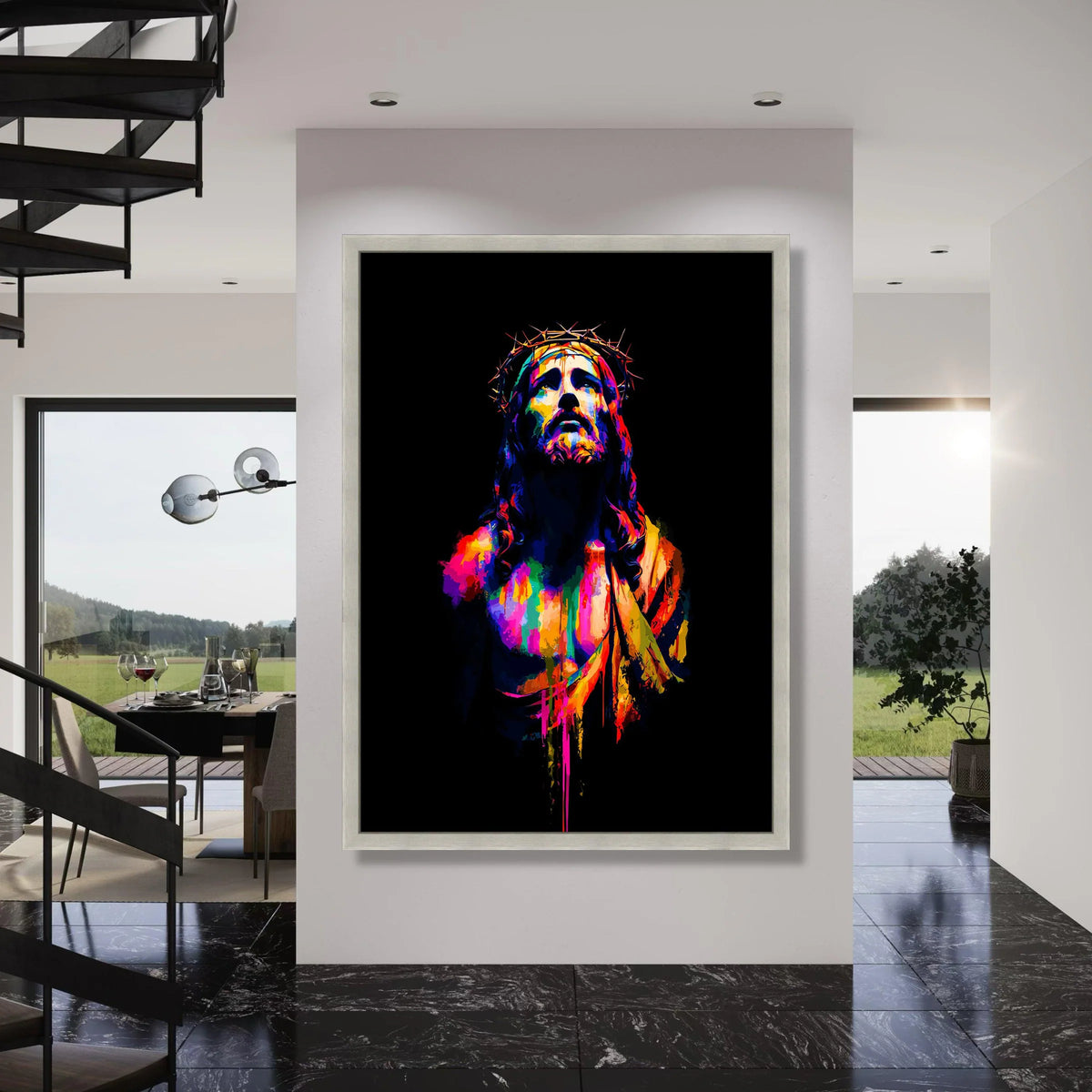 Vibrant Jesus Christ Portrait Canvas, Colorful Religious Wall Art, Crown of Thorns Canvas, Spiritual Home Decoration, Modern Faith Print Art