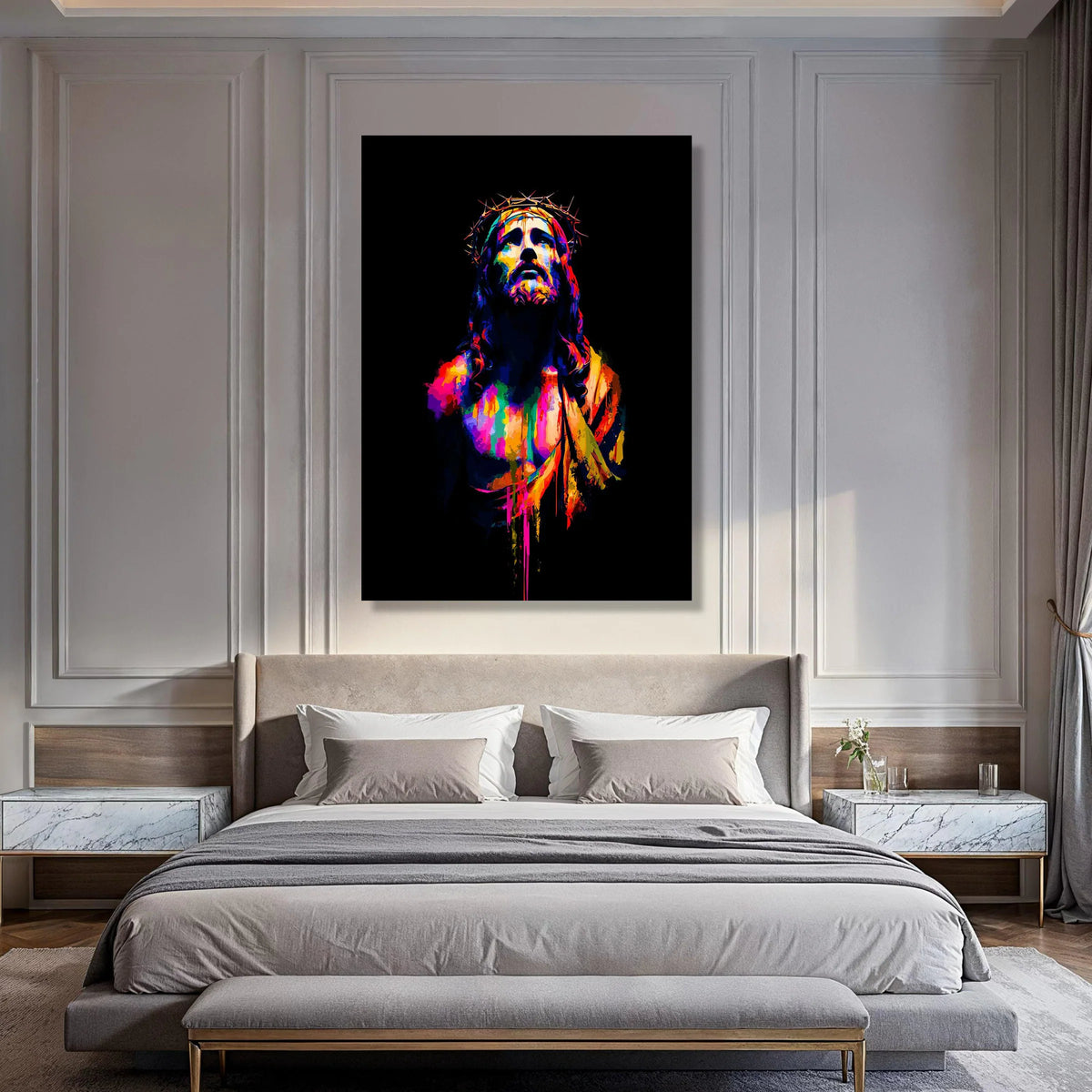 Vibrant Jesus Christ Portrait Canvas, Colorful Religious Wall Art, Crown of Thorns Canvas, Spiritual Home Decoration, Modern Faith Print Art
