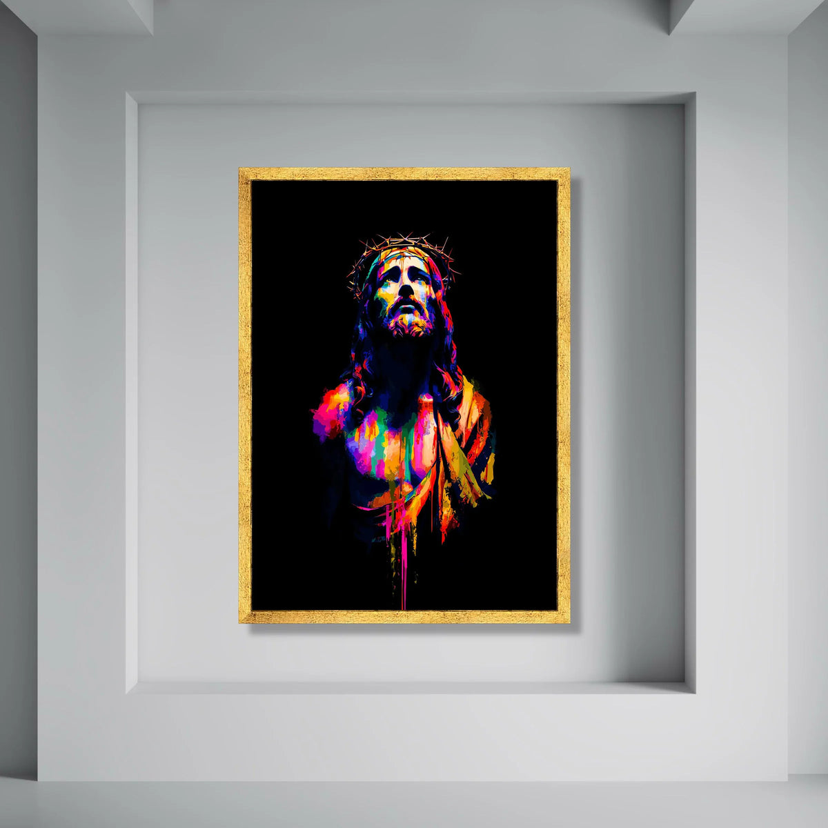 Vibrant Jesus Christ Portrait Canvas, Colorful Religious Wall Art, Crown of Thorns Canvas, Spiritual Home Decoration, Modern Faith Print Art