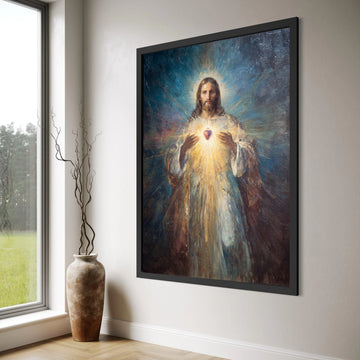 Radiant Sacred Heart Canvas, Jesus Christ Spiritual Wall Art, Divine Light Religious Canvas, Inspirational Home Decor, Faith Print Art