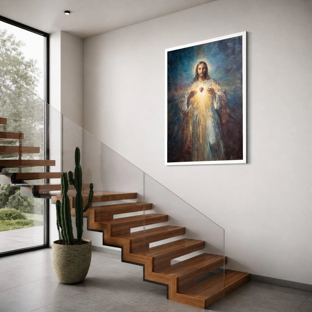 Radiant Sacred Heart Canvas, Jesus Christ Spiritual Wall Art, Divine Light Religious Canvas, Inspirational Home Decor, Faith Print Art