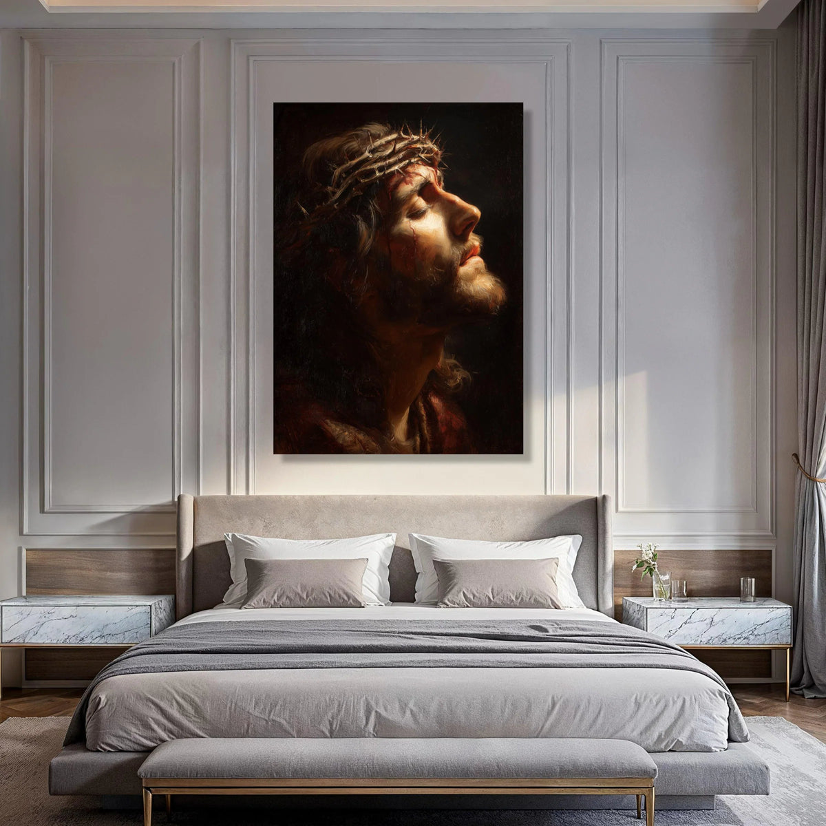 Profile of Christ with Crown of Thorns, Religious Canvas Wall Art, Christian Spiritual Portrait, Inspirational Home Decoration Print Art