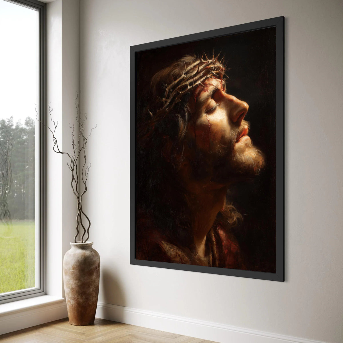 Profile of Christ with Crown of Thorns, Religious Canvas Wall Art, Christian Spiritual Portrait, Inspirational Home Decoration Print Art