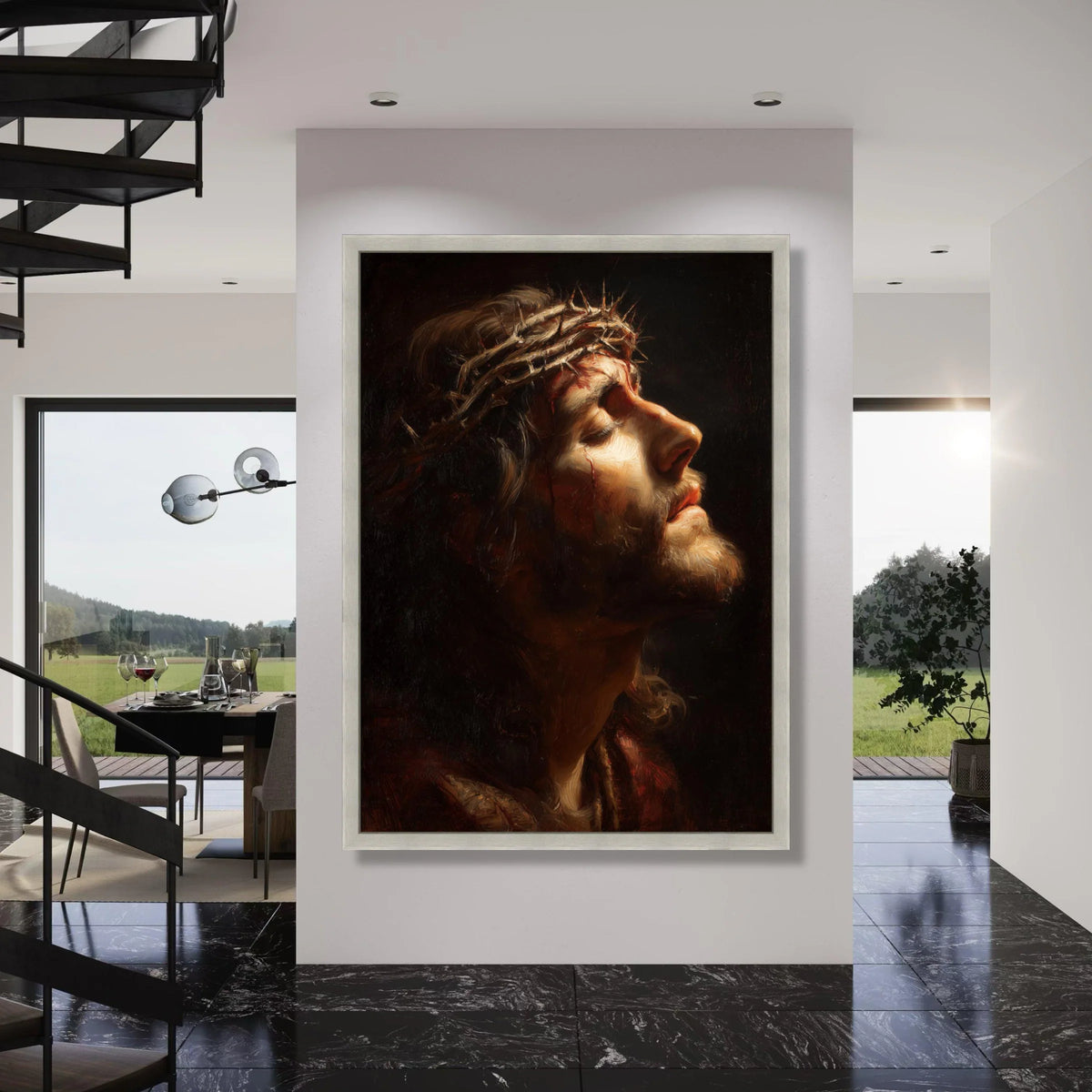Profile of Christ with Crown of Thorns, Religious Canvas Wall Art, Christian Spiritual Portrait, Inspirational Home Decoration Print Art