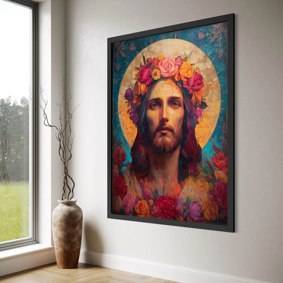 Sacred Portrait with Floral Crown Canvas, Divine Figure Wall Art, Halo Art Print, Spiritual Home Decoration, Colorful Flower Art Print Art