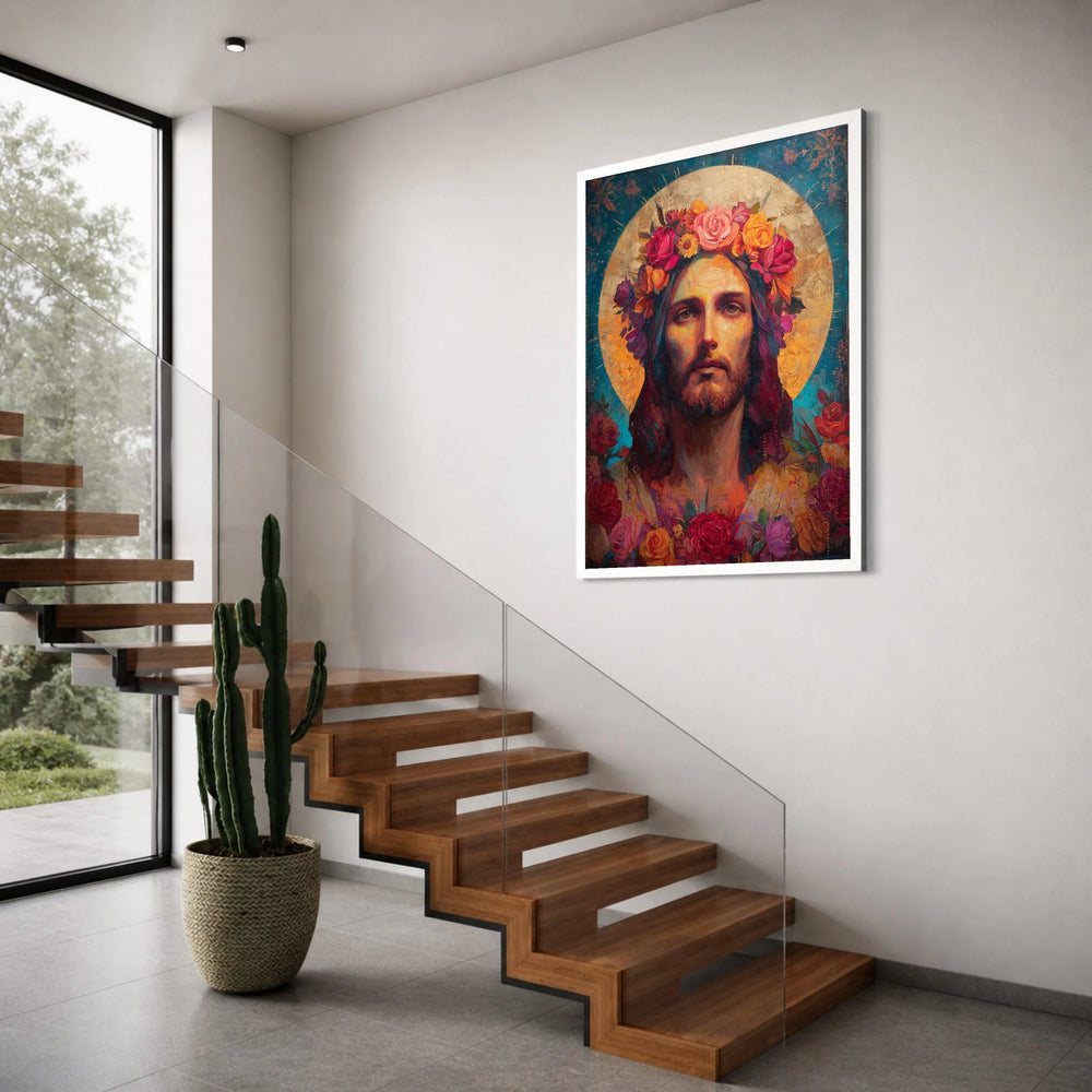 Sacred Portrait with Floral Crown Canvas, Divine Figure Wall Art, Halo Art Print, Spiritual Home Decoration, Colorful Flower Art Print Art